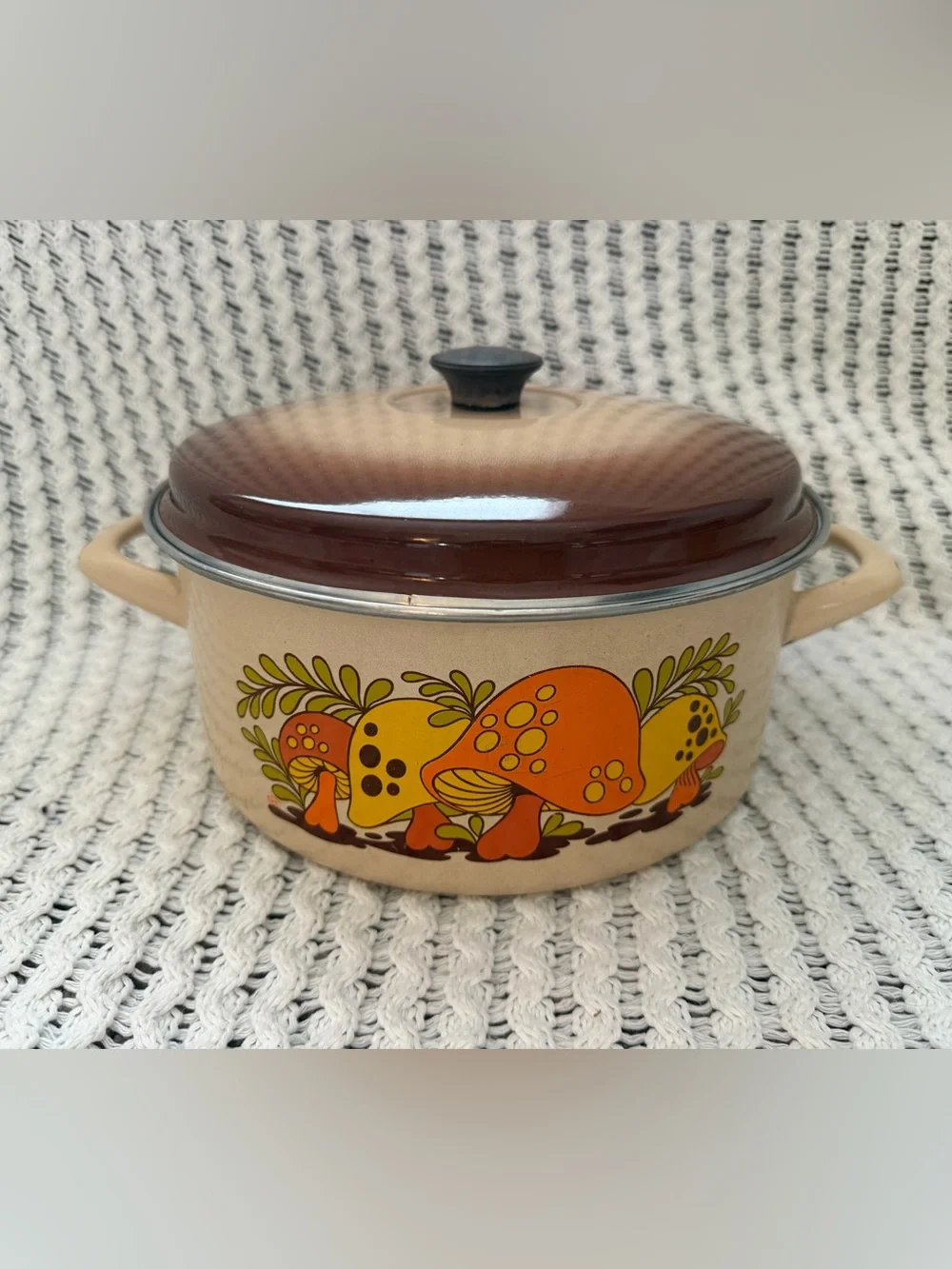Sears Vintage 1970s Merry Mushroom Harvest Gold Enamel Coated Set Of 2 Pans Used